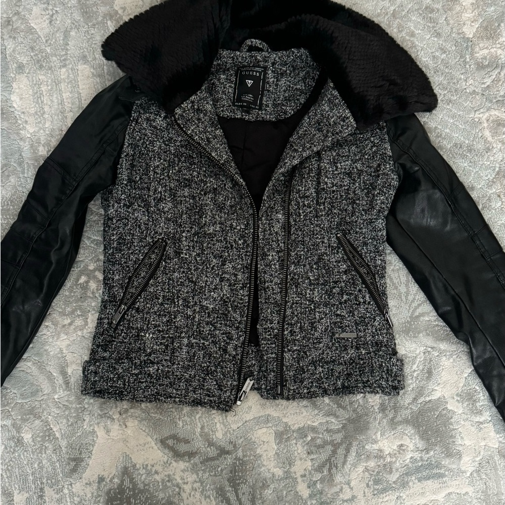 Guess Black and Gray Leather Jacket with Plush Collar and Zipper Closure